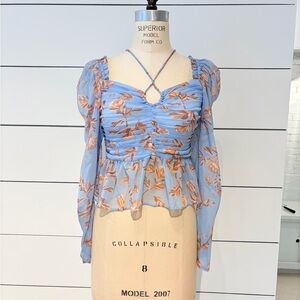 o.p.t. Light Blue Floral Ruched Long-Sleeve Peasant Top Halter